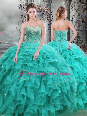 Dynamic Organza Sweetheart Sleeveless Lace Up Beading and Ruffles Quinceanera Dresses in Turquoise