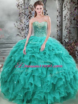 Dynamic Organza Sweetheart Sleeveless Lace Up Beading and Ruffles Quinceanera Dresses in Turquoise