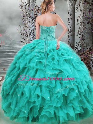Dynamic Organza Sweetheart Sleeveless Lace Up Beading and Ruffles Quinceanera Dresses in Turquoise