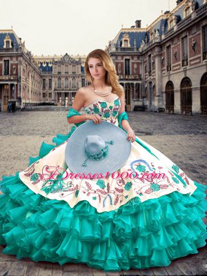 Pretty Turquoise Ball Gowns Organza and Taffeta Sweetheart Sleeveless Embroidery and Ruffled Layers Floor Length Lace Up Sweet 16 Quinceanera Dress