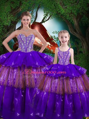Sweetheart Sleeveless Sweet 16 Dress Floor Length Beading and Ruffled Layers Eggplant Purple Organza