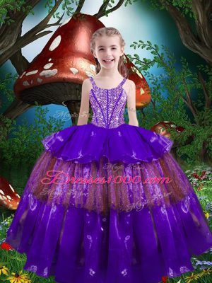 Sweetheart Sleeveless Sweet 16 Dress Floor Length Beading and Ruffled Layers Eggplant Purple Organza