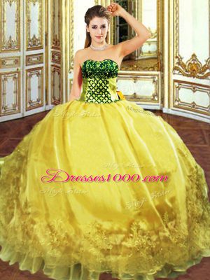 Dynamic Gold Sleeveless Organza Lace Up Quince Ball Gowns for Military Ball and Sweet 16 and Quinceanera