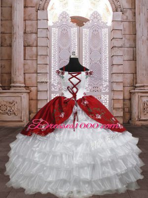 Dramatic White And Red Lace Up Little Girls Pageant Dress Embroidery and Ruffled Layers Sleeveless Floor Length