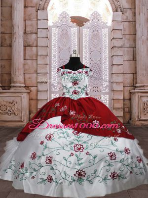 Dramatic White And Red Lace Up Little Girls Pageant Dress Embroidery and Ruffled Layers Sleeveless Floor Length