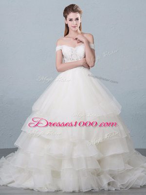 Elegant White Ball Gowns Organza Off The Shoulder Sleeveless Lace and Ruffled Layers Lace Up Bridal Gown Brush Train