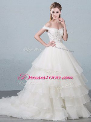 Elegant White Ball Gowns Organza Off The Shoulder Sleeveless Lace and Ruffled Layers Lace Up Bridal Gown Brush Train