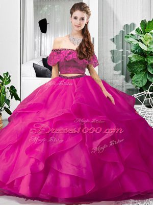 Sweet Floor Length Hot Pink Quinceanera Dress Tulle Sleeveless Lace and Ruffles