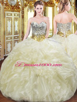 Luxury Light Yellow Sleeveless Floor Length Beading and Ruffles Lace Up Sweet 16 Dress