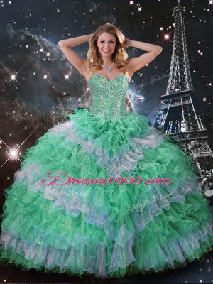 Eye-catching Multi-color Ball Gowns Sleeveless Organza Floor Length Lace Up Beading and Ruffles Quinceanera Dresses