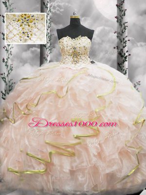 Beautiful Peach Lace Up Sweetheart Beading and Ruffles Vestidos de Quinceanera Organza Sleeveless Brush Train