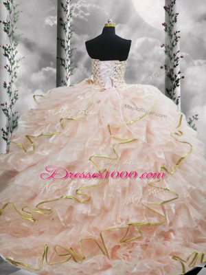 Beautiful Peach Lace Up Sweetheart Beading and Ruffles Vestidos de Quinceanera Organza Sleeveless Brush Train