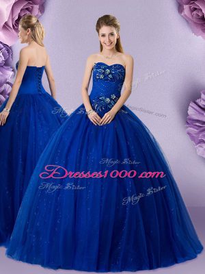Best Selling Royal Blue Sleeveless Floor Length Beading and Appliques Lace Up Quince Ball Gowns