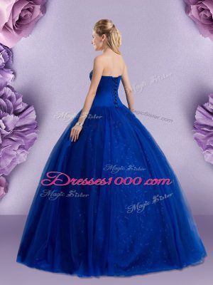 Best Selling Royal Blue Sleeveless Floor Length Beading and Appliques Lace Up Quince Ball Gowns