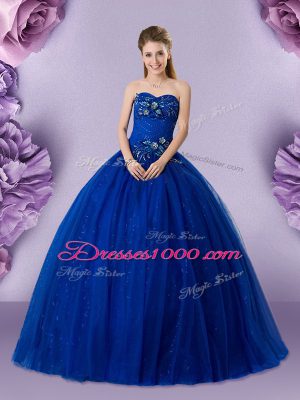 Best Selling Royal Blue Sleeveless Floor Length Beading and Appliques Lace Up Quince Ball Gowns