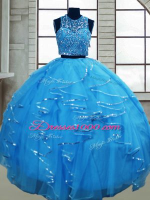 Baby Blue Scoop Neckline Beading and Ruffles Quinceanera Dresses Sleeveless Lace Up