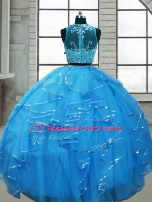 Baby Blue Scoop Neckline Beading and Ruffles Quinceanera Dresses Sleeveless Lace Up