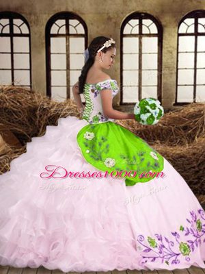 Superior Multi-color Sweet 16 Dress Military Ball and Sweet 16 and Quinceanera with Embroidery and Ruffled Layers Off The Shoulder Sleeveless Lace Up