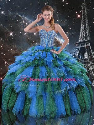 Flirting Multi-color Quinceanera Gowns Military Ball and Sweet 16 and Quinceanera with Beading and Ruffles and Ruffled Layers Sweetheart Sleeveless Lace Up