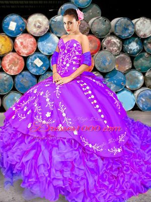 Captivating Lace Up Ball Gown Prom Dress Lilac for Military Ball and Sweet 16 and Quinceanera with Embroidery and Ruffles Brush Train