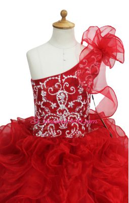 Popular Floor Length Lace Up Pageant Gowns For Girls Red for Quinceanera and Wedding Party with Beading and Ruffles