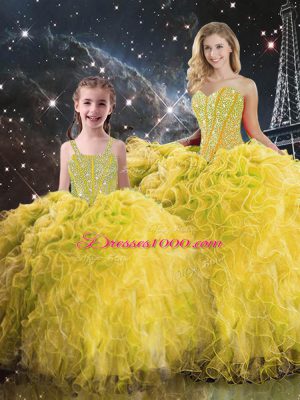 Dynamic Floor Length Ball Gowns Sleeveless Yellow Ball Gown Prom Dress Lace Up