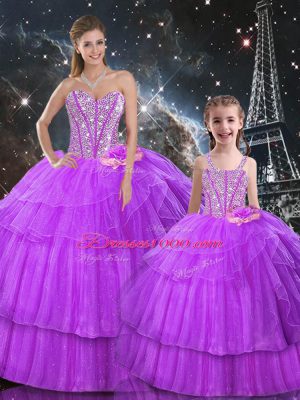 Designer Purple Sleeveless Floor Length Beading and Ruffled Layers Lace Up Sweet 16 Quinceanera Dress