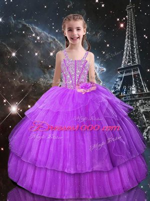 Designer Purple Sleeveless Floor Length Beading and Ruffled Layers Lace Up Sweet 16 Quinceanera Dress