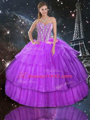 Designer Purple Sleeveless Floor Length Beading and Ruffled Layers Lace Up Sweet 16 Quinceanera Dress