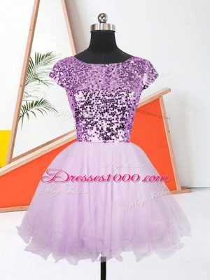 Sleeveless Mini Length Sequins Lace Up Prom Evening Gown with Lilac
