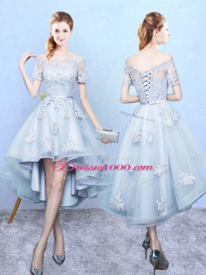 High Low Lace Up Damas Dress Light Blue for Prom and Party and Wedding Party with Lace