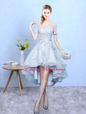 High Low Lace Up Damas Dress Light Blue for Prom and Party and Wedding Party with Lace