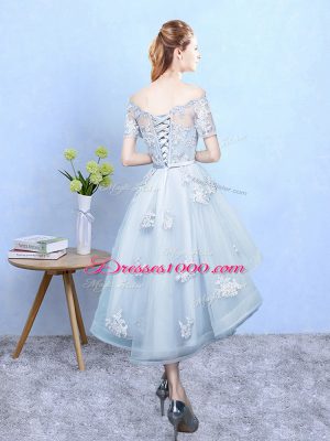 High Low Lace Up Damas Dress Light Blue for Prom and Party and Wedding Party with Lace