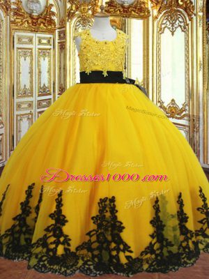 Gold Zipper Little Girl Pageant Gowns Lace and Appliques Sleeveless Floor Length