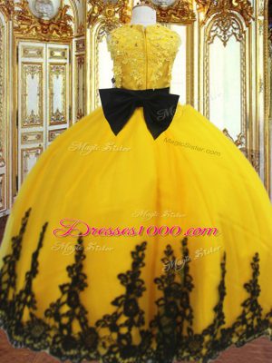 Gold Zipper Little Girl Pageant Gowns Lace and Appliques Sleeveless Floor Length