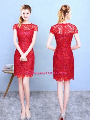 Decent Lace Wedding Party Dress Red Zipper Short Sleeves Knee Length