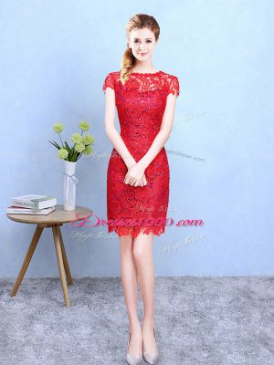 Decent Lace Wedding Party Dress Red Zipper Short Sleeves Knee Length