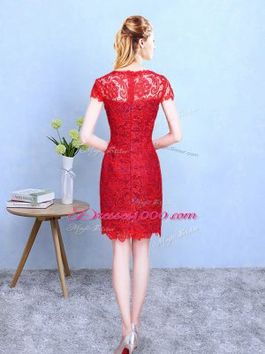 Decent Lace Wedding Party Dress Red Zipper Short Sleeves Knee Length