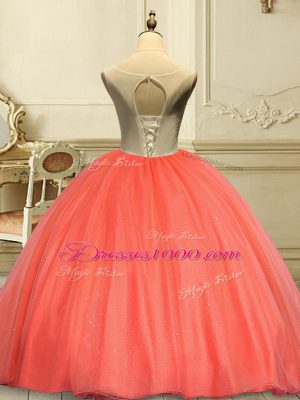 Deluxe Floor Length Lace Up Quinceanera Gowns Orange Red for Military Ball and Sweet 16 and Quinceanera with Appliques