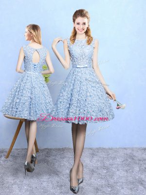 Sleeveless Knee Length Belt Lace Up Bridesmaid Gown with Light Blue