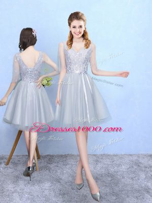 Classical Silver Empire Lace Dama Dress Lace Up Tulle Half Sleeves Knee Length