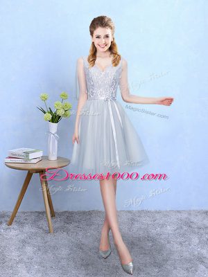 Classical Silver Empire Lace Dama Dress Lace Up Tulle Half Sleeves Knee Length