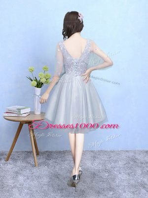 Classical Silver Empire Lace Dama Dress Lace Up Tulle Half Sleeves Knee Length