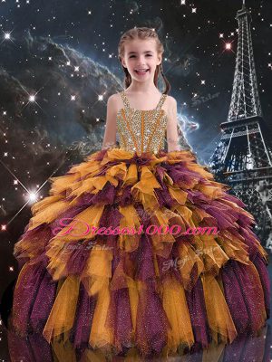 Hot Selling Multi-color Organza Lace Up Quince Ball Gowns Sleeveless Floor Length Beading and Ruffles and Ruffled Layers