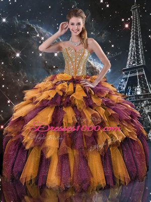 Hot Selling Multi-color Organza Lace Up Quince Ball Gowns Sleeveless Floor Length Beading and Ruffles and Ruffled Layers