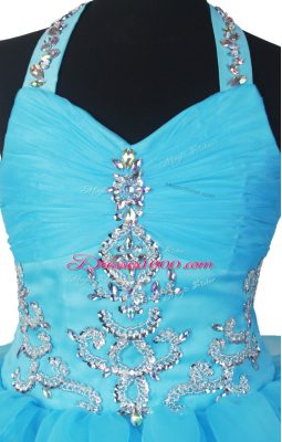 Affordable Floor Length Baby Blue Little Girls Pageant Dress Organza Sleeveless Beading and Ruffled Layers