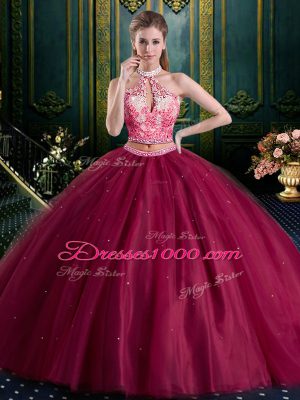 Custom Made Halter Top High-neck Sleeveless Tulle Quince Ball Gowns Beading and Lace and Appliques Lace Up