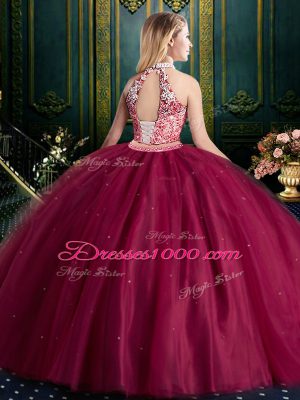 Custom Made Halter Top High-neck Sleeveless Tulle Quince Ball Gowns Beading and Lace and Appliques Lace Up