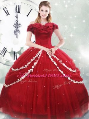 Fantastic Wine Red Ball Gowns Appliques and Pick Ups Quinceanera Dresses Lace Up Tulle Sleeveless