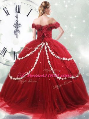 Fantastic Wine Red Ball Gowns Appliques and Pick Ups Quinceanera Dresses Lace Up Tulle Sleeveless